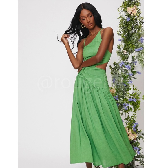 Asymmetrical Green Dress Cut Out Ruched Maxi Lace Up Back - Picture 6 of 15
